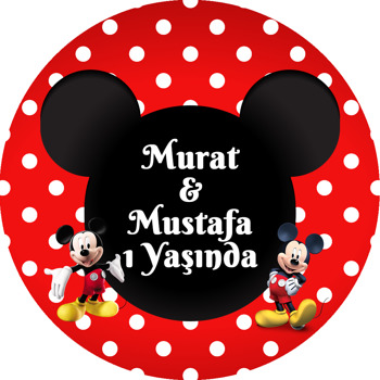 Mickey Mouse Kırmızı Fonda İkiz Temalı Akrilik Daire Magnet