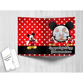 Mickey Mouse Kırmızı Fonda İkiz Temalı Anı Kartı