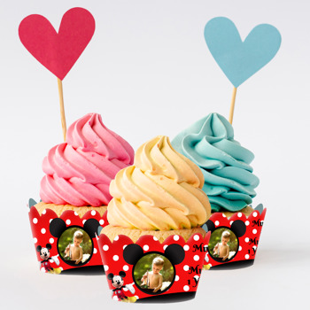 Mickey Mouse Kırmızı Fonda İkiz Temalı Cupcake Sargısı
