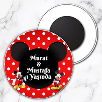 Mickey Mouse Kırmızı Fonda İkiz Temalı Daire Plastik Magnet
