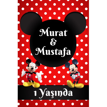 Mickey Mouse Kırmızı Fonda İkiz Temalı Doğum Günü Afiş