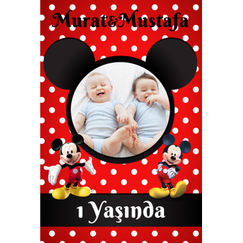 Mickey Mouse Kırmızı Fonda İkiz Temalı Resimli Doğum Günü Afiş