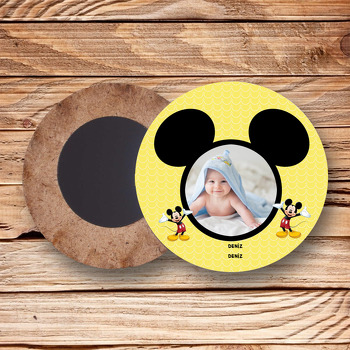 Mickey Mouse Temalı Resimli Ahşap Daire Magnet