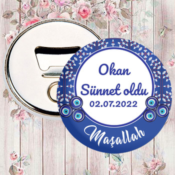 Minik Çiçekli Çini Desen ile Nazarlıklı Sünnet Temalı Magnet Açacak