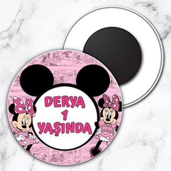 Minnie Mouse Çizgi Roman Fon Temalı Daire Plastik Doğum Günü Magnet