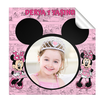 Minnie Mouse Çizgi Roman Fon Temalı Kare Parti Etiket