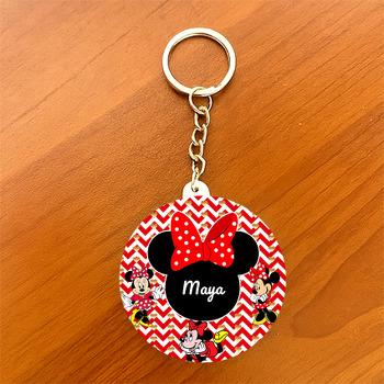 Minnie Mouse ile Zigzag Kırmızı Fon Temalı Daire Plastik Anahtarlık