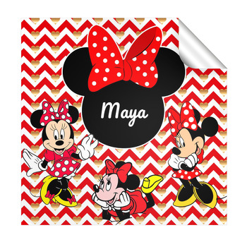 Minnie Mouse ile Zigzag Kırmızı Fon Temalı Kare Parti Etiket