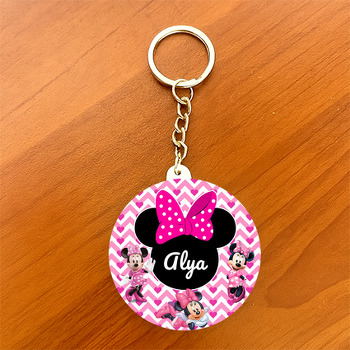 Minnie Mouse ile Zigzag Pembe Fon Temalı Daire Plastik Anahtarlık