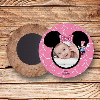 Minnie Mouse Temalı Resimli Ahşap Daire Magnet