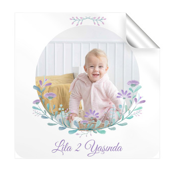 Mor Bahar Dalı ve Çiçekler Temalı Kare Parti Etiket