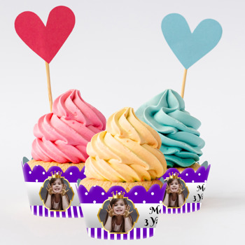 Mor Beyaz Puantiye ile Gold Çerçeve Temalı Cupcake Sargısı