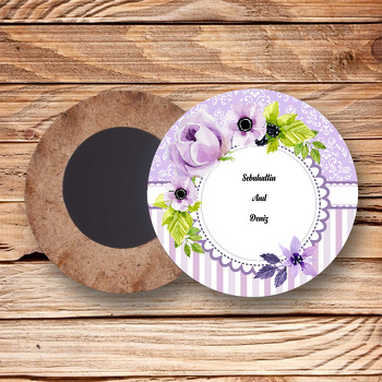 Mor Çiçek  Temalı Ahşap Daire Magnet