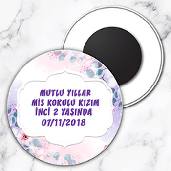 Mor Çiçekler Temalı Daire Plastik Magnet