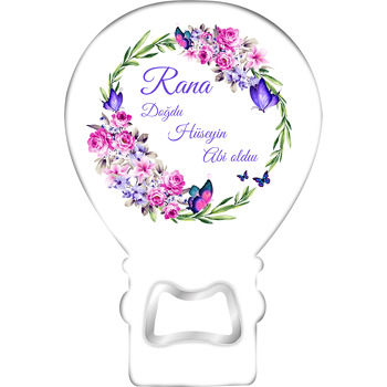 Mor Çiçeklerle Kelebek Temalı Balon Ahşap Magnet 