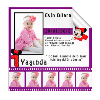 Mor Film Şeritli Mickey Temalı  Kare Etiket