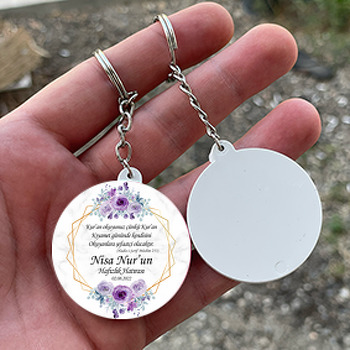 Mor Güller ile Geometrik Çerçeve Hadisi Şerif Temalı Daire Plastik Doğum Günü Anahtarlık
