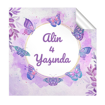 Mor Kelebekler ile Yapraklar Temalı Kare Parti Etiket