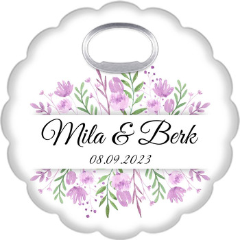 Mor Kır Çiçekleri ile Beyaz Şerit Temalı Çiçek Şekilli Magnet Açacak