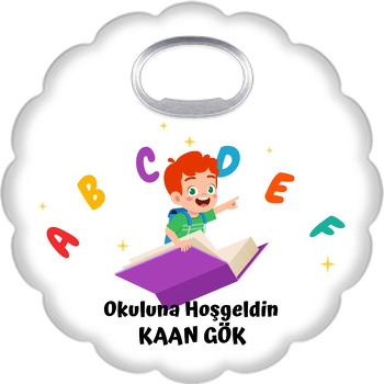 Mor Kitap Üzerinde Uçan Erkek Çocuk Temalı Çiçek Şekilli Magnet Açacak