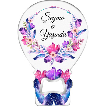 Mor Kristaller ile Kuş Tüyleri Temalı Balon Ahşap Magnet 