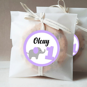 Mor Puantiyeli Fil ile Bir Yaş Temalı Doğum Günü Sticker