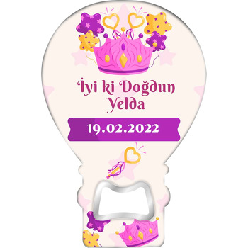 Mor Taç ile Yıldız Balonlar Temalı Balon Ahşap Magnet 