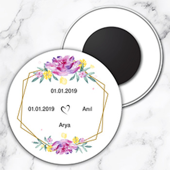 Mor Tonlarında Çiçekler Temalı Söz Nişan Nikah Daire Plastik Magnet