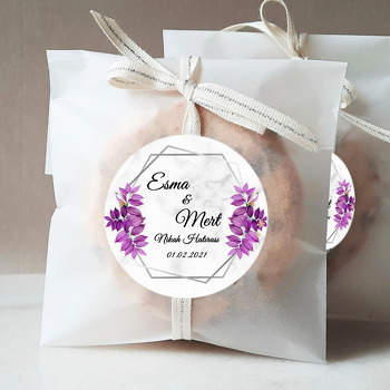 Mor Yapraklar ile Geometrik Gümüş Çerçeve Temalı Söz Nişan Nikah Sticker