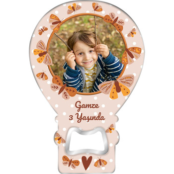 Natural Kelebek Çerçeve ile Krem Puantiye Fon Temalı Balon Ahşap Magnet 