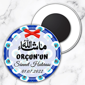 Nazar Boncuğu Fonda Kırmızı Kurdeleli Sünnet Temalı Daire Plastik Magnet