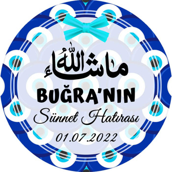 Nazar Boncuğu Fonda Turkuaz Kurdeleli Sünnet Temalı Akrilik Daire Magnet