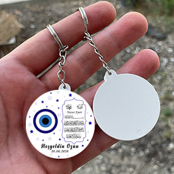 Nazar Boncuklu Nazar Ayeti Temalı Daire Plastik Anahtarlık