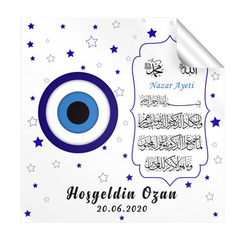 Nazar Boncuklu Nazar Ayeti Temalı Kare Parti Etiket