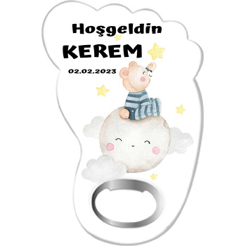 Neşeli Ay ile Çizgili Pijamalı Ayıcık Temalı Ayak İzi Magnet Açacak
