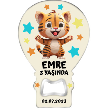 Neşeli Bebek Kaplan ile Yıldızlar Temalı Balon Ahşap Magnet 