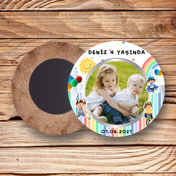 Neşeli Çocuklar Temalı Daire Ahşap Magnet
