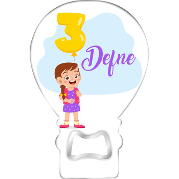 Neşeli Kız Çocuğu ile Üç Yaş Balon Temalı Balon Ahşap Magnet 