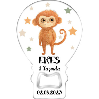 Neşeli Maymun ile Renkli Soft Yıldızlar Temalı Balon Ahşap Magnet 