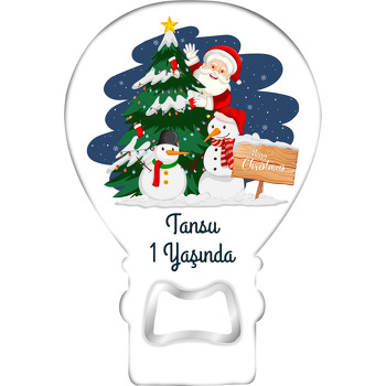 Neşeli Noel Baba ile Kardan Adam Temalı Balon Ahşap Magnet 
