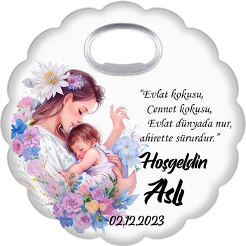 Nilüfer Çiçekleri İçerisinde Annesi ile Bebeği Temalı Çiçek Şekilli Magnet Açacak