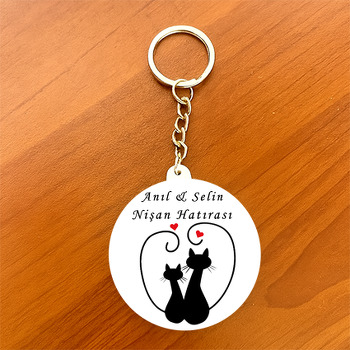 Nişan Siyah Beyaz Kedi Temalı Daire Plastik Anahtarlık