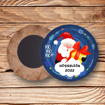 Noel Baba ile Hediye Paketi Temalı Daire Ahşap Magnet