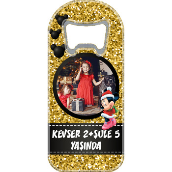 Noel Şapkalı Minnie Mouse Gold Simli Fon Temalı Uzun Magnet Açacak