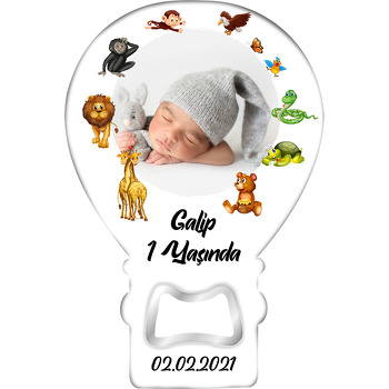 Orman Hayvanları ile Beyaz Fon Temalı Balon Ahşap Magnet 