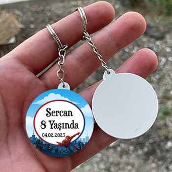 Örümcek Adam Temalı Daire Plastik Doğum Günü Anahtarlık
