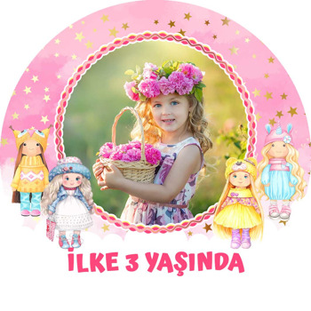Oyuncak Bebekler ile Pembe Fon Temalı Akrilik Daire Magnet