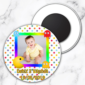 Pacman Temalı Resimli Daire Plastik Magnet