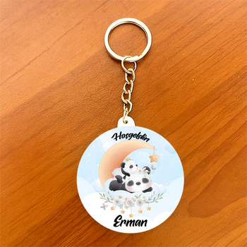 Panda Anne ile Yavrusu Temalı Daire Plastik Anahtarlık
