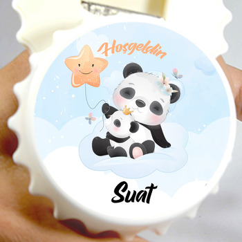 Panda Anne ile Yavrusu Yıldız Balon Temalı Kapak Şekilli Magnet Açacak
